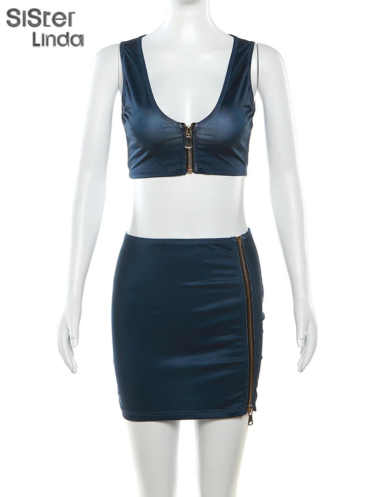 Casual Two Piece Set for Women Sleeveless Zipper Low Neck Tank Top with High Waist Hip Skirt Party Clubwear Ensemble