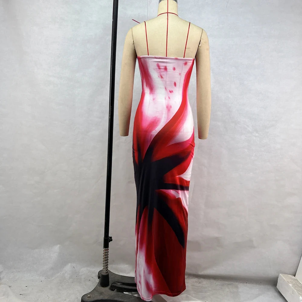 Patchwork Strapless Maxi Beach Dress With Printed Pattern