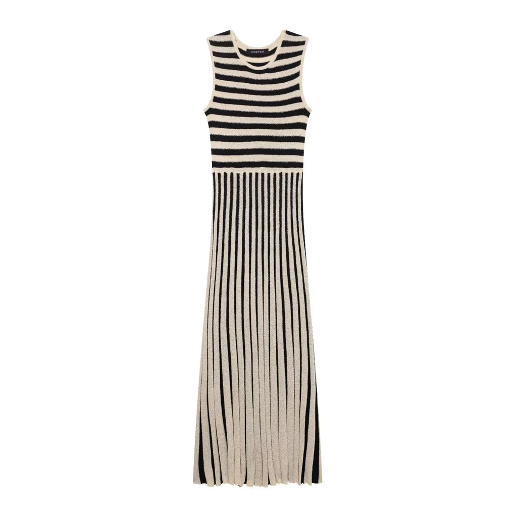 Striped Knitted Sleeveless Midi Dress With Round Neck Casual