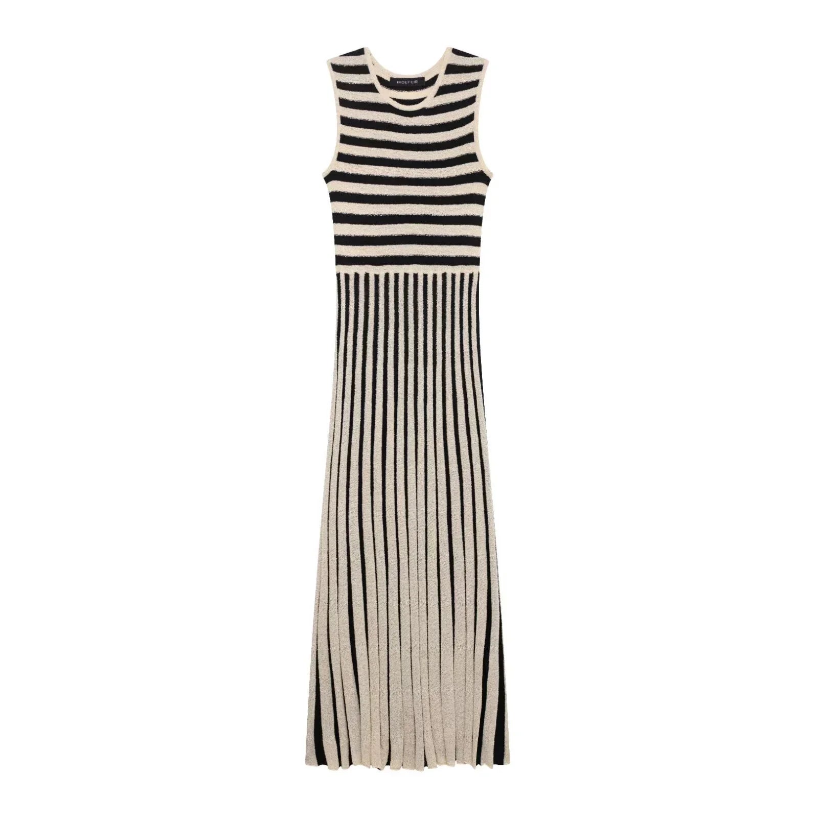 Striped Knitted Sleeveless Midi Dress With Round Neck Casual