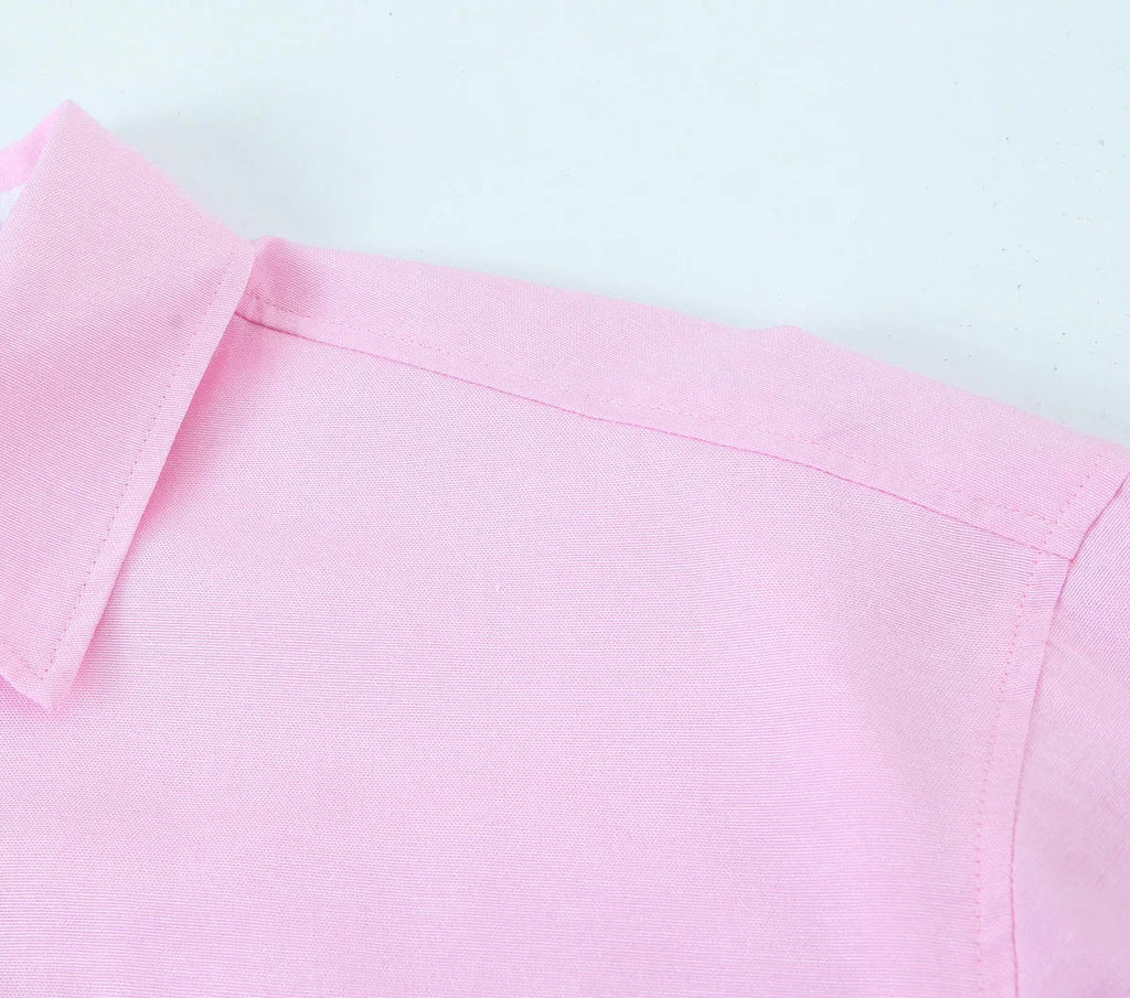 Women's Pink Patchwork Cropped Shirt Long Sleeve Button-Up Blouse Trendy Streetwear Top for Ladies