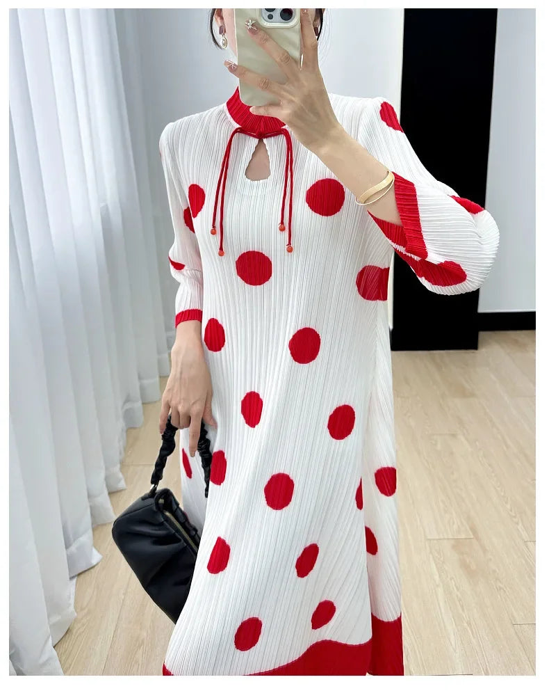 Polka Dot Pleated Dress for Women with Stand Collar