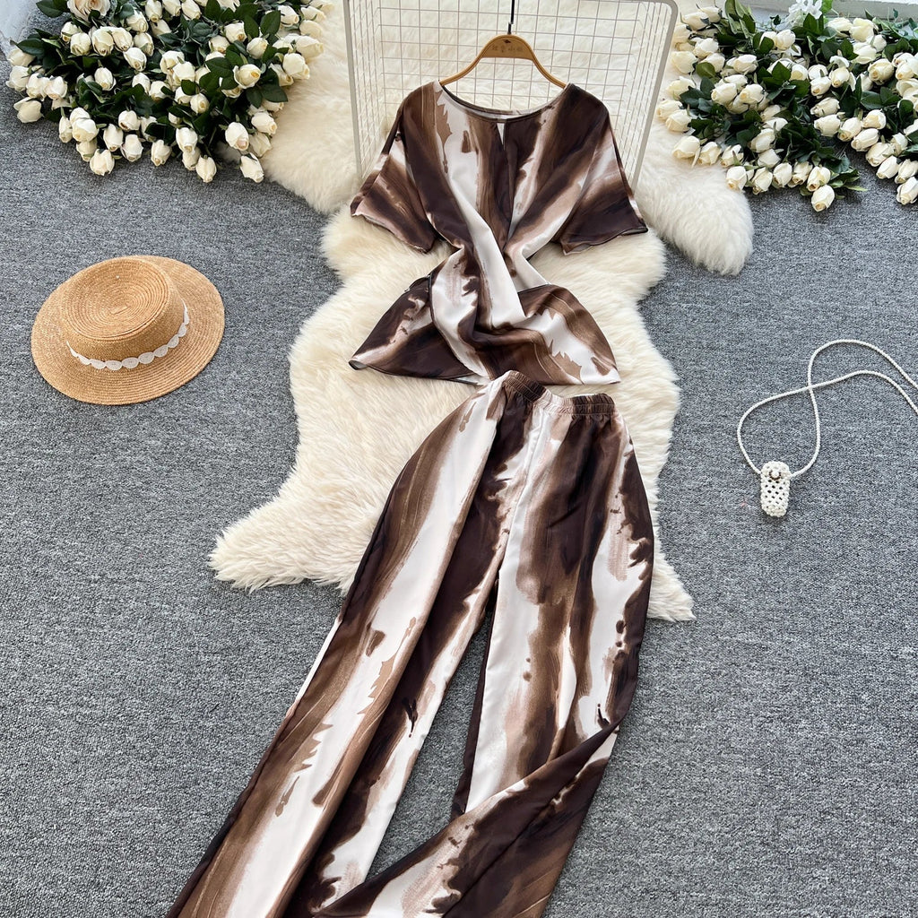 Printed Women Summer Fashion Two Piece Set with Short Sleeve Top and Wide Leg Long Pants for Casual Streetwear Outfits