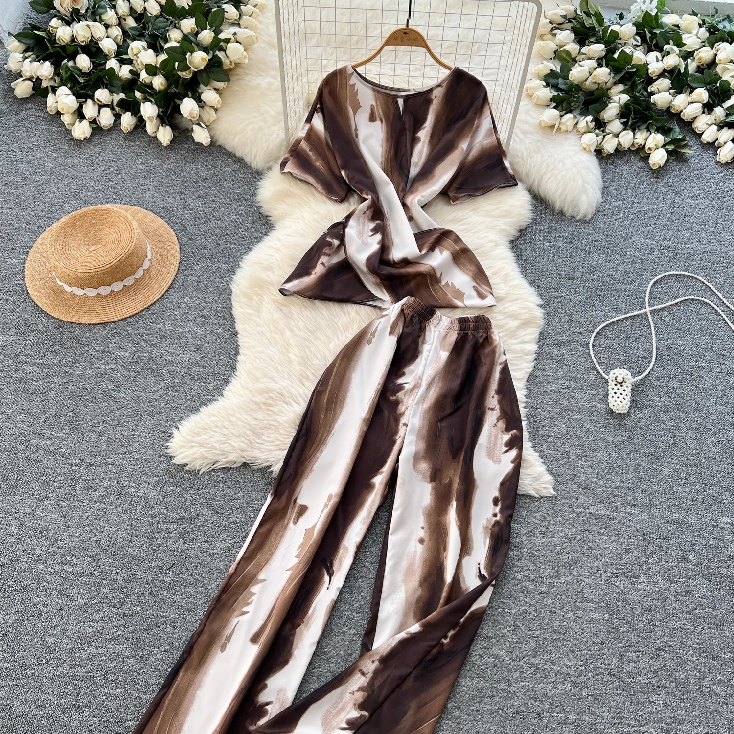 Printed Women Summer Fashion Two Piece Set with Short Sleeve Top and Wide Leg Long Pants for Casual Streetwear Outfits