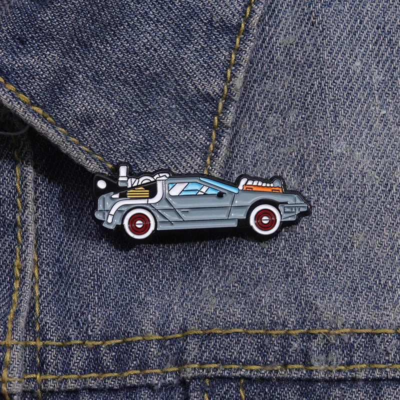 Retro Cartoon Sports Car Enamel Pin Science Fiction Inspired Brooch Jacket Lapel Badge Jewelry Gift