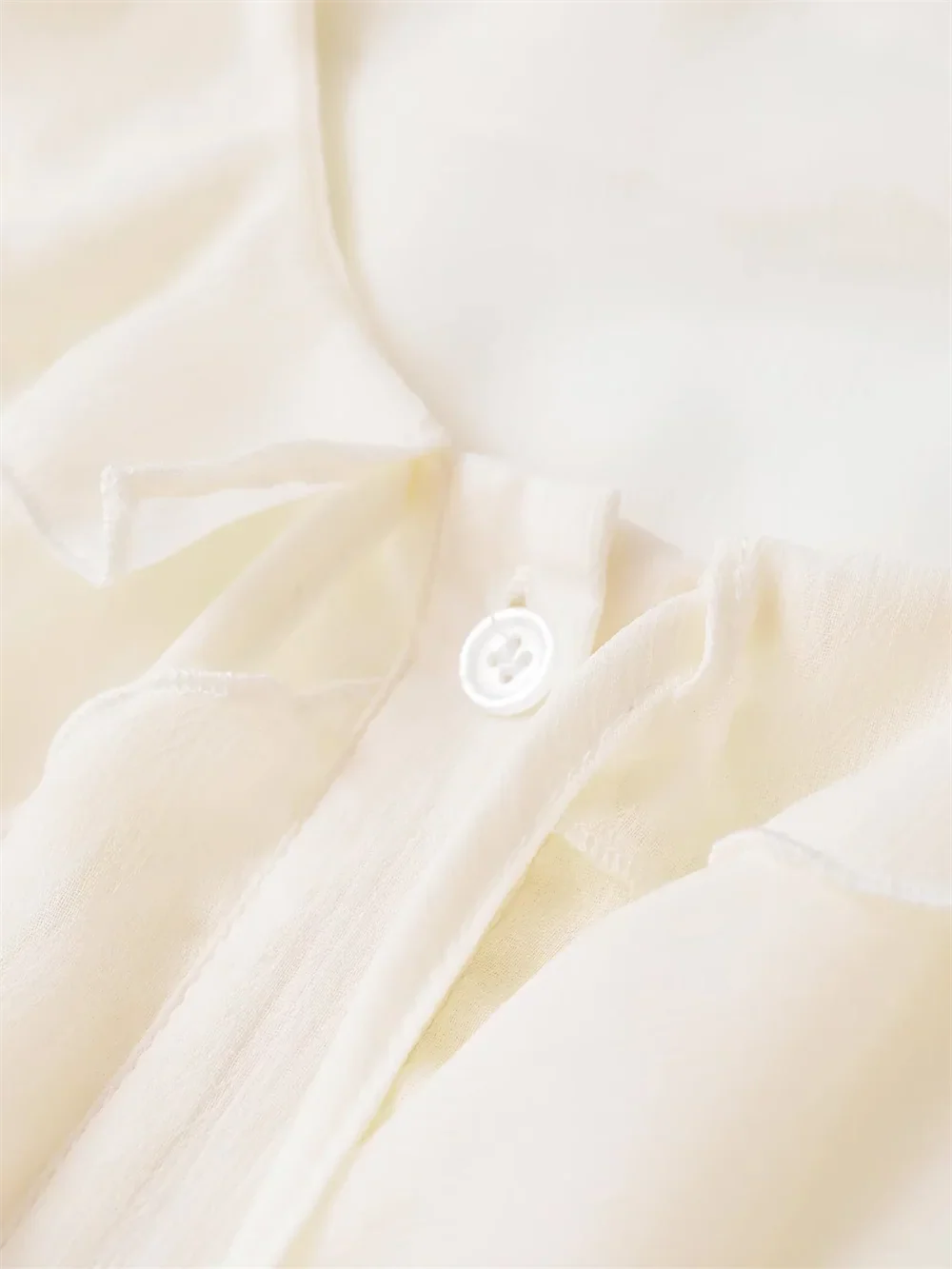 Women's Versatile Half Transparent Long Sleeve Shirt with Round Neck and Adjustable Strap Detail