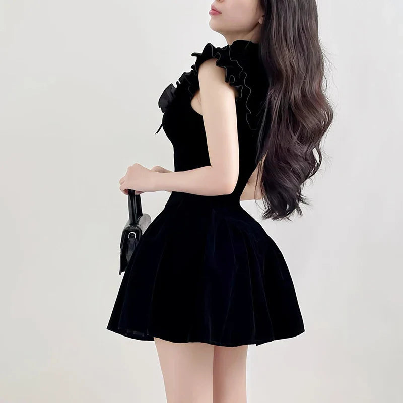 Black Velvet Mini Dress Sleeveless A Line Party Dress