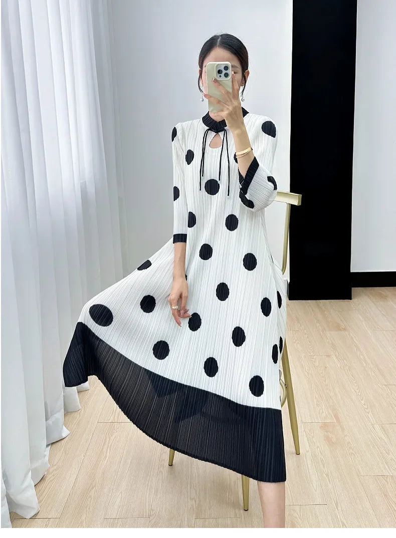 Polka Dot Pleated Dress for Women with Stand Collar