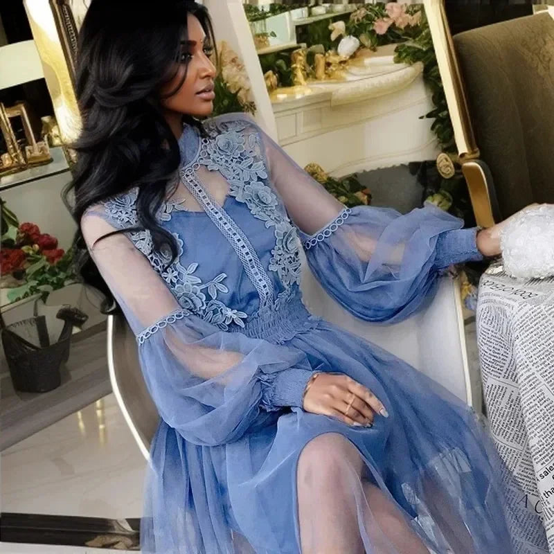 White Lace Mesh Dress With Lantern Sleeves For Women