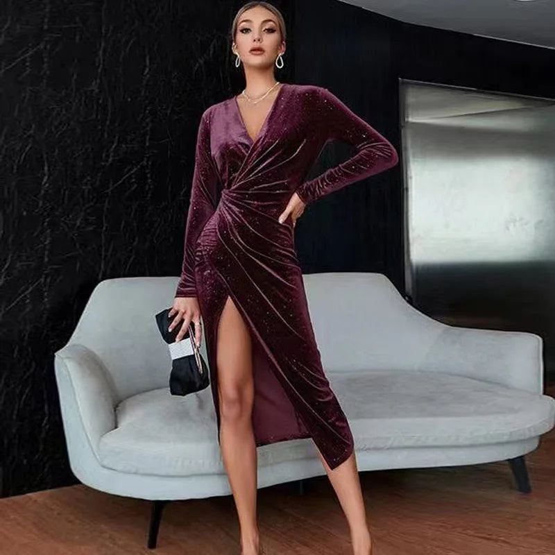 Golden Velvet Nightclub Dress Open Leg Long Sleeve Gown