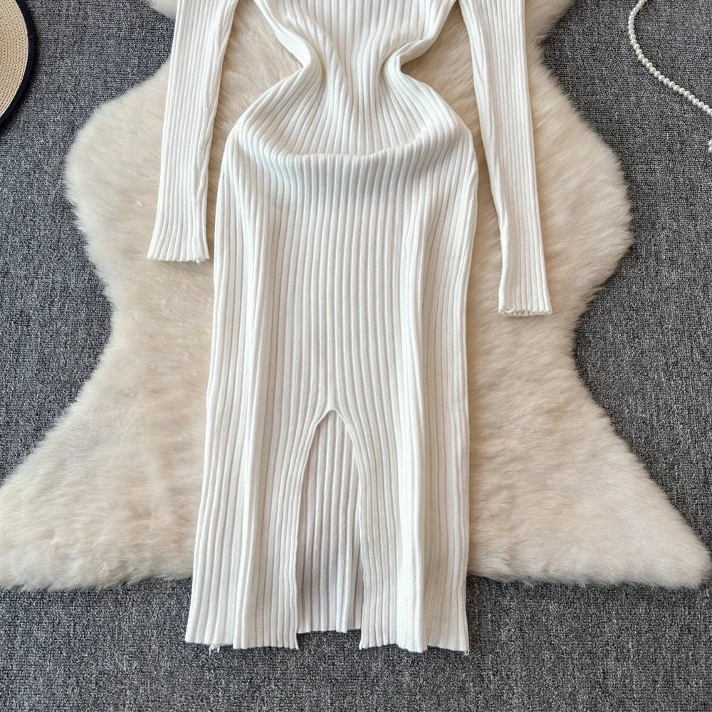 White Long Sleeve V Neck Lace Up Elegant Dress For Women