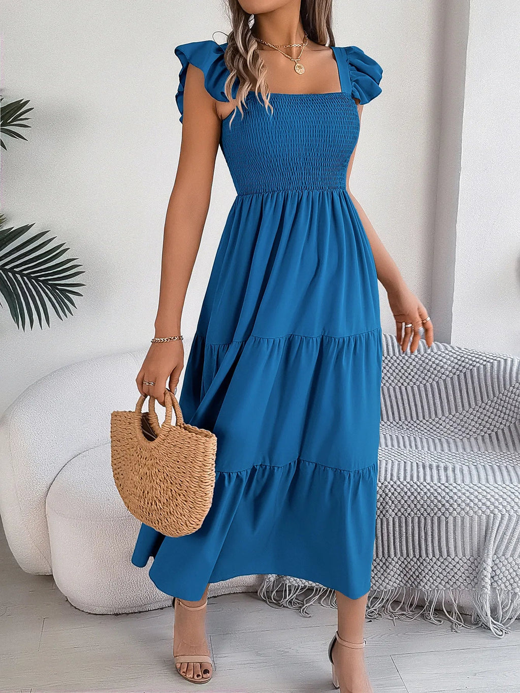 Square Neck Maxi Dress for Women Solid Summer Color