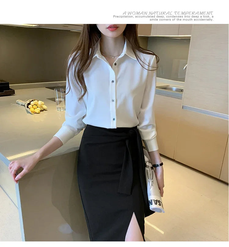 Elegant Satin Long Sleeve Blouse for Women Casual Office Shirt Solid White Basic Top