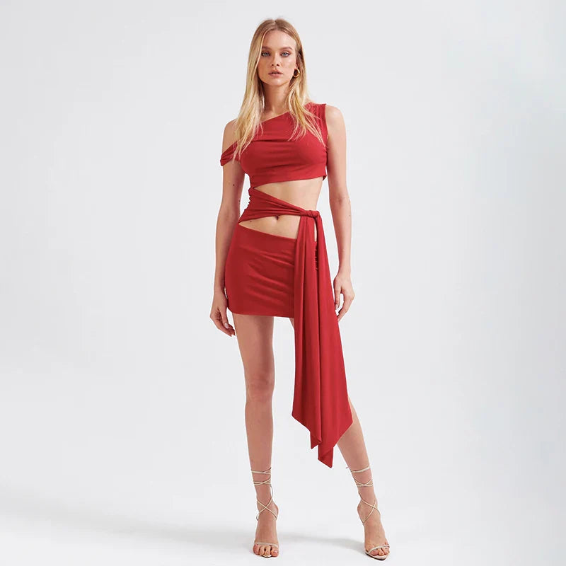 Strapless Hollow Out Short Summer Dress With Oblique Collar