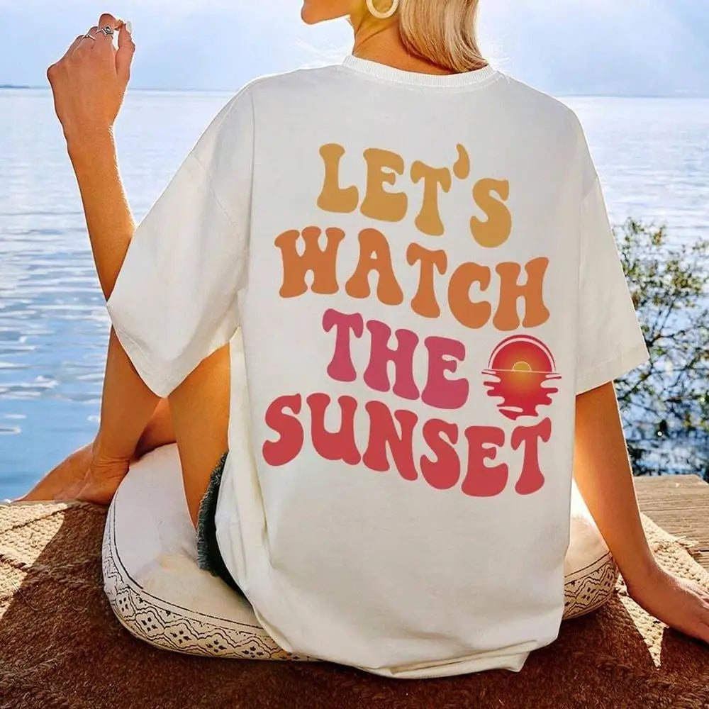 Let Us Watch The Sunset Print Women Cotton T-Shirt Casual Short Sleeve O-Neck Top for Daily Wear