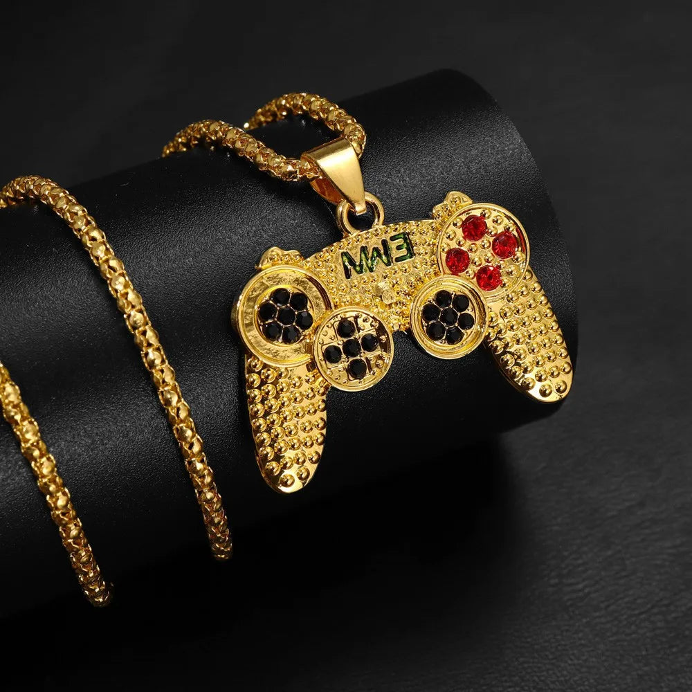 Trendy Gamepad Lightning Stainless Steel Necklace for Women and Men in Gold Color with Crystal Embellishments