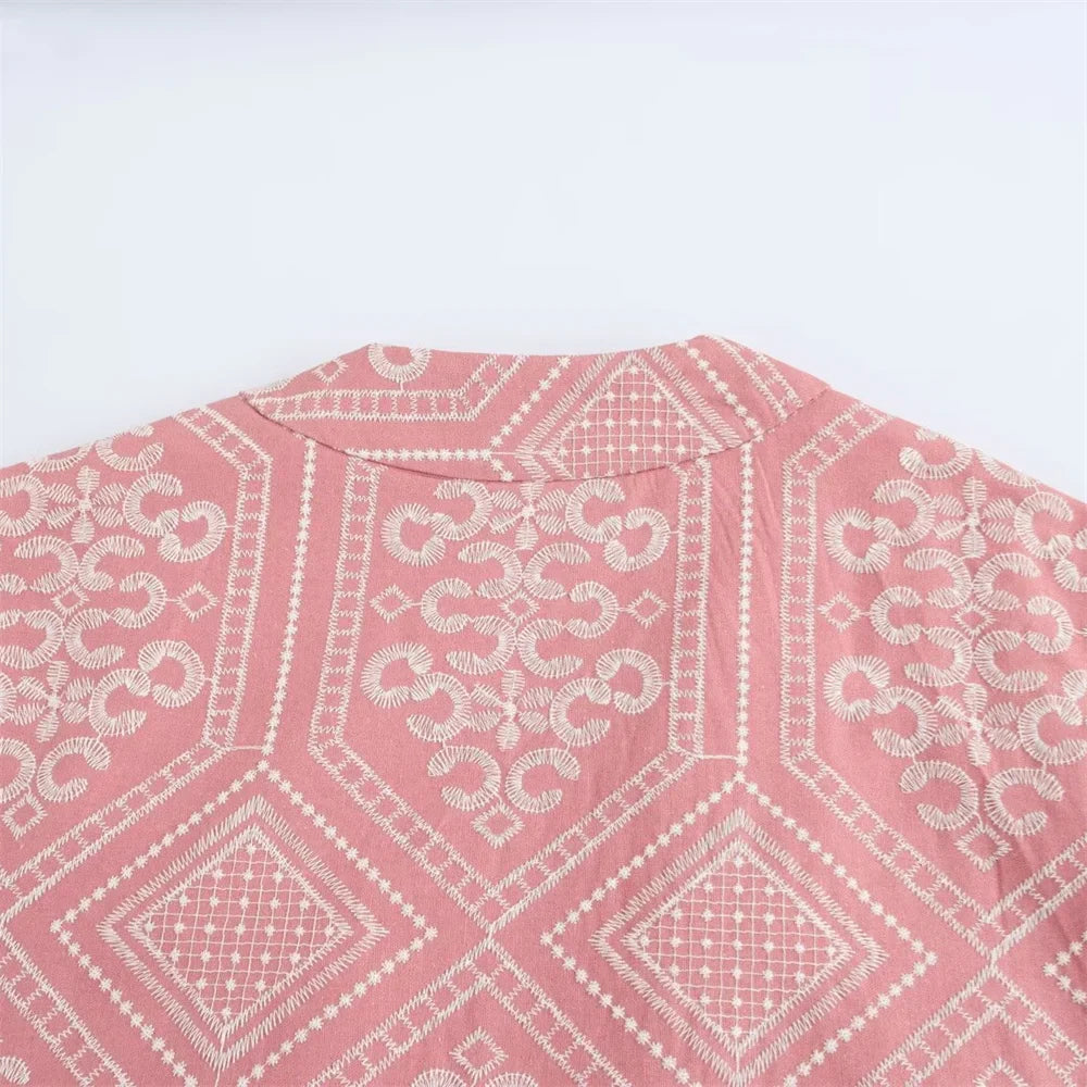 V-Neck Embroidered Kimono Style Mid-Length Windbreaker and High Waisted Straight Leg Pants Set for Women