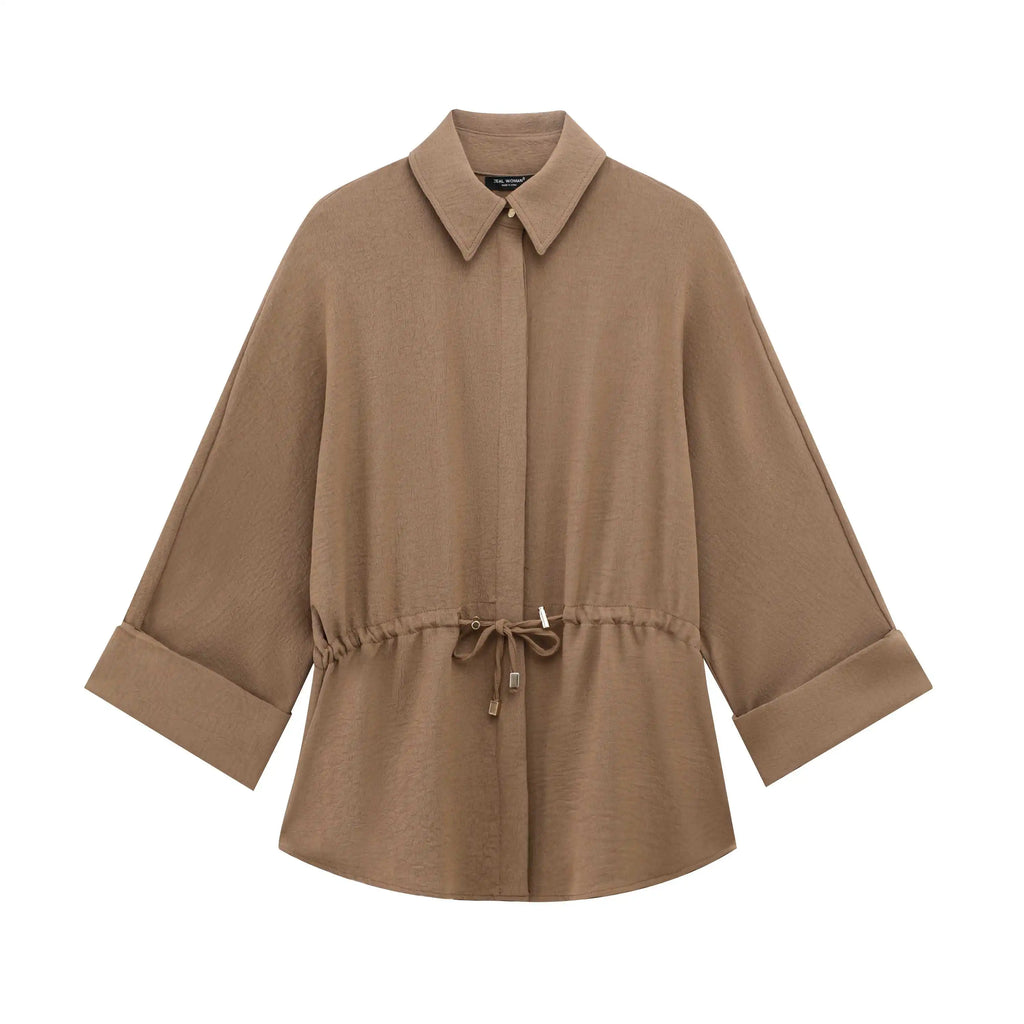 Women's Lace Up Kimono Shirt Top and Elastic Waist Wide Leg Trousers Two Piece Set