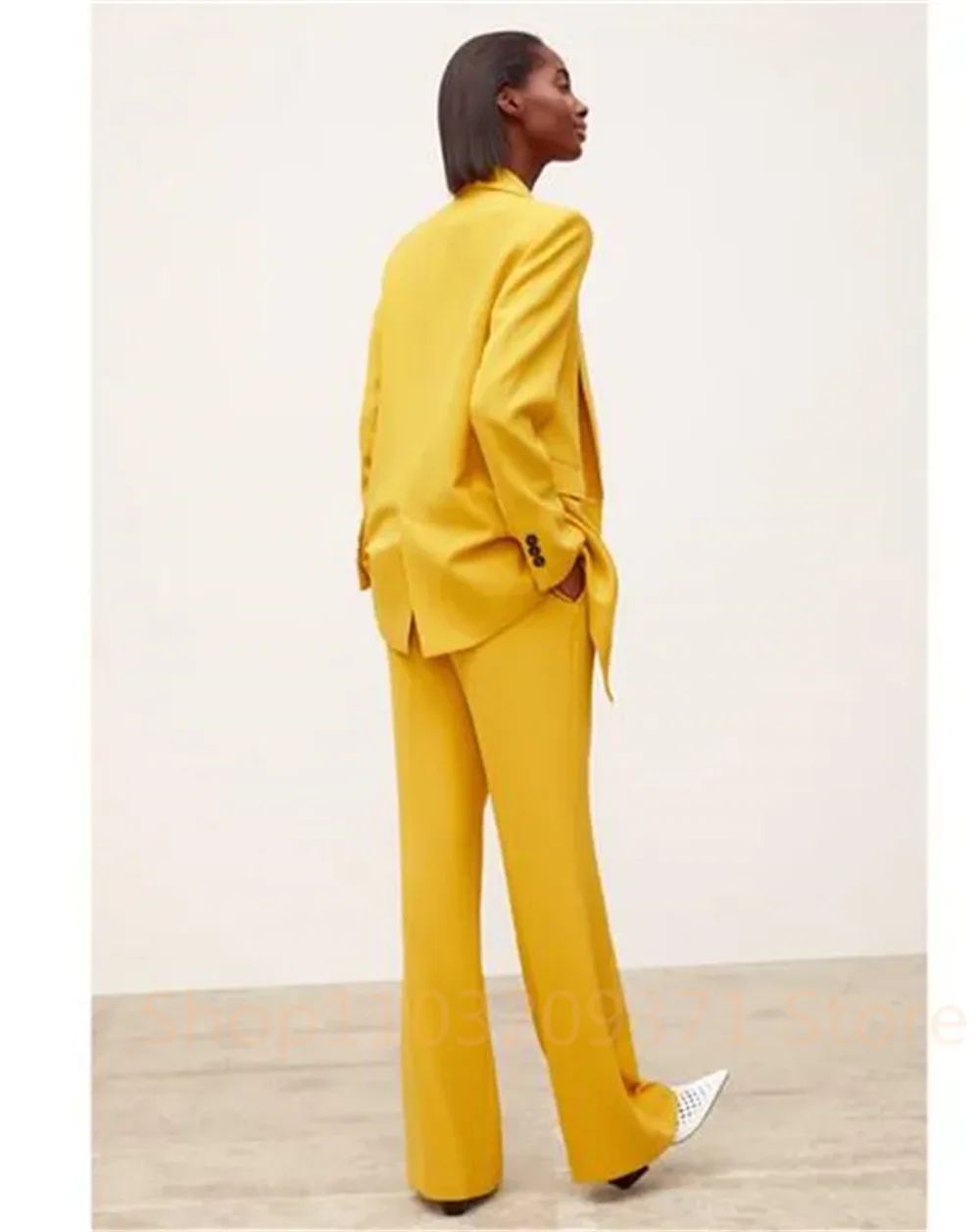 Plus Size Yellow Pantsuit for Women Double Breasted Blazer