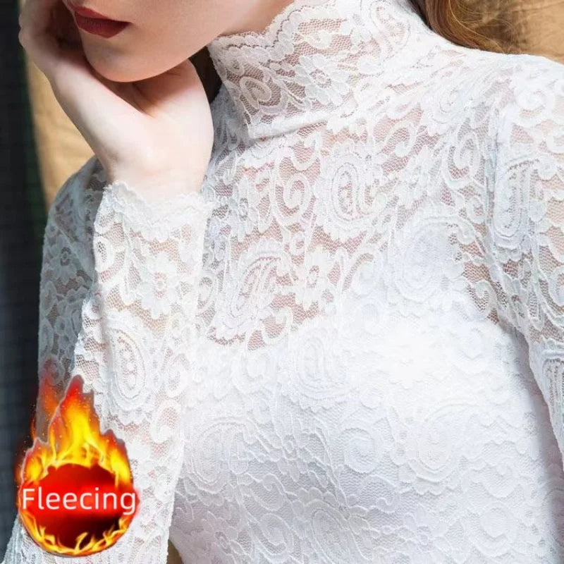 Thick and Thin Fleece Women's Long Sleeve High Neck Lace T-Shirt for Office and Casual Wear