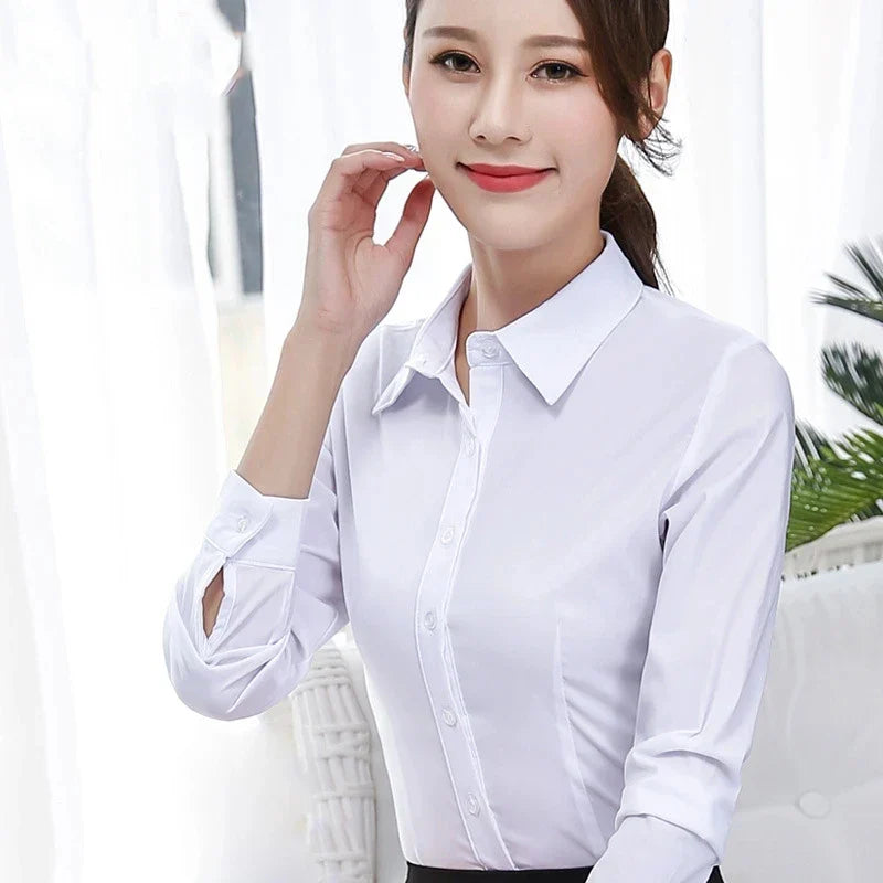Women's Classic White and Pink Long Sleeve Shirts Elegant Blouses Basic Casual Tops for Ladies