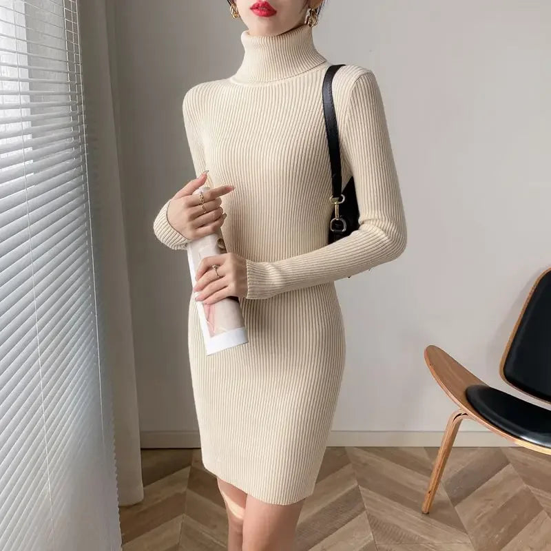 Korean Turtleneck Sweater Dress Bodycon Knit For Office