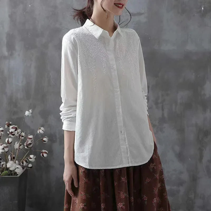 Cotton White Embroidered Long Sleeve Women's Shirt with Lapel Collar and Button Detail Casual Fashion Blouse for Everyday Wear