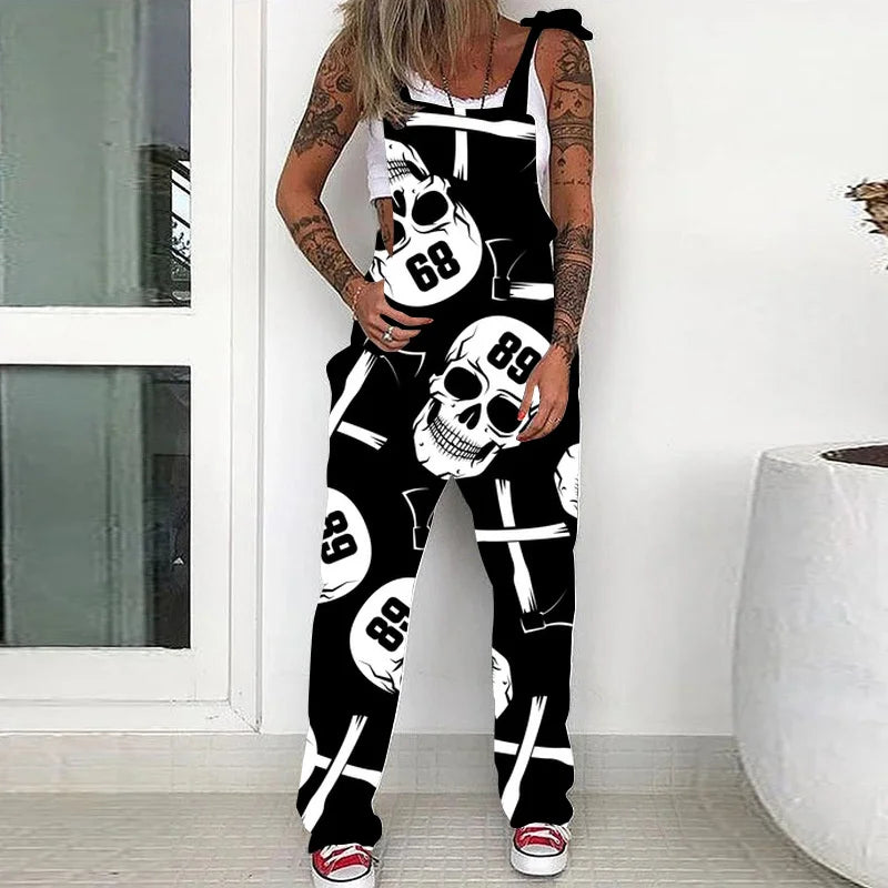 Women's Autumn Lace-Up Skull Print Overalls Jumpsuit with Pockets and Adjustable Straps