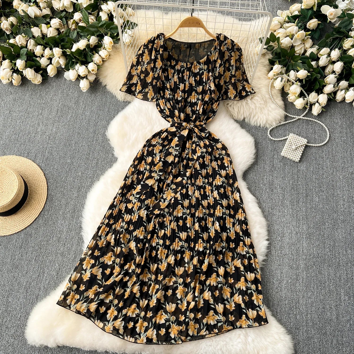 Retro Floral Chiffon Midi Dress With Ruffle Details