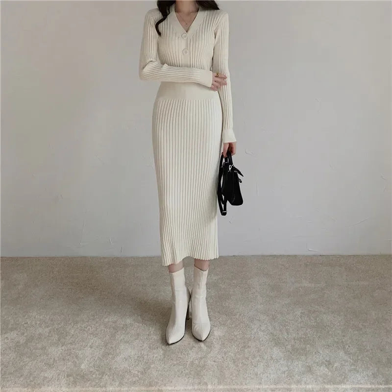 Knit V Neck Women Sweater Dress Long Sleeve Bodycon Office