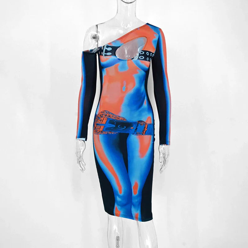 Off Shoulder Hollow Out Party Dress Sheath Multicolor