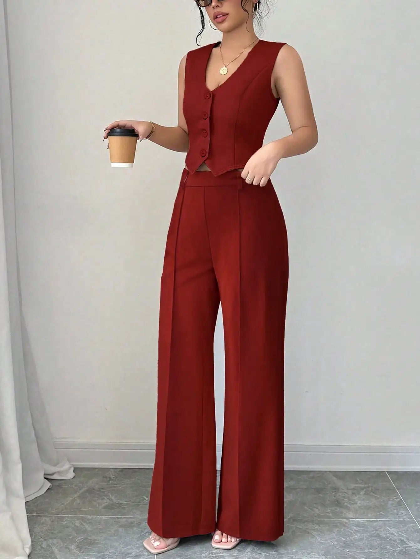 Women's 2Pcs Red Date Night Vest Jacket and Pants Set