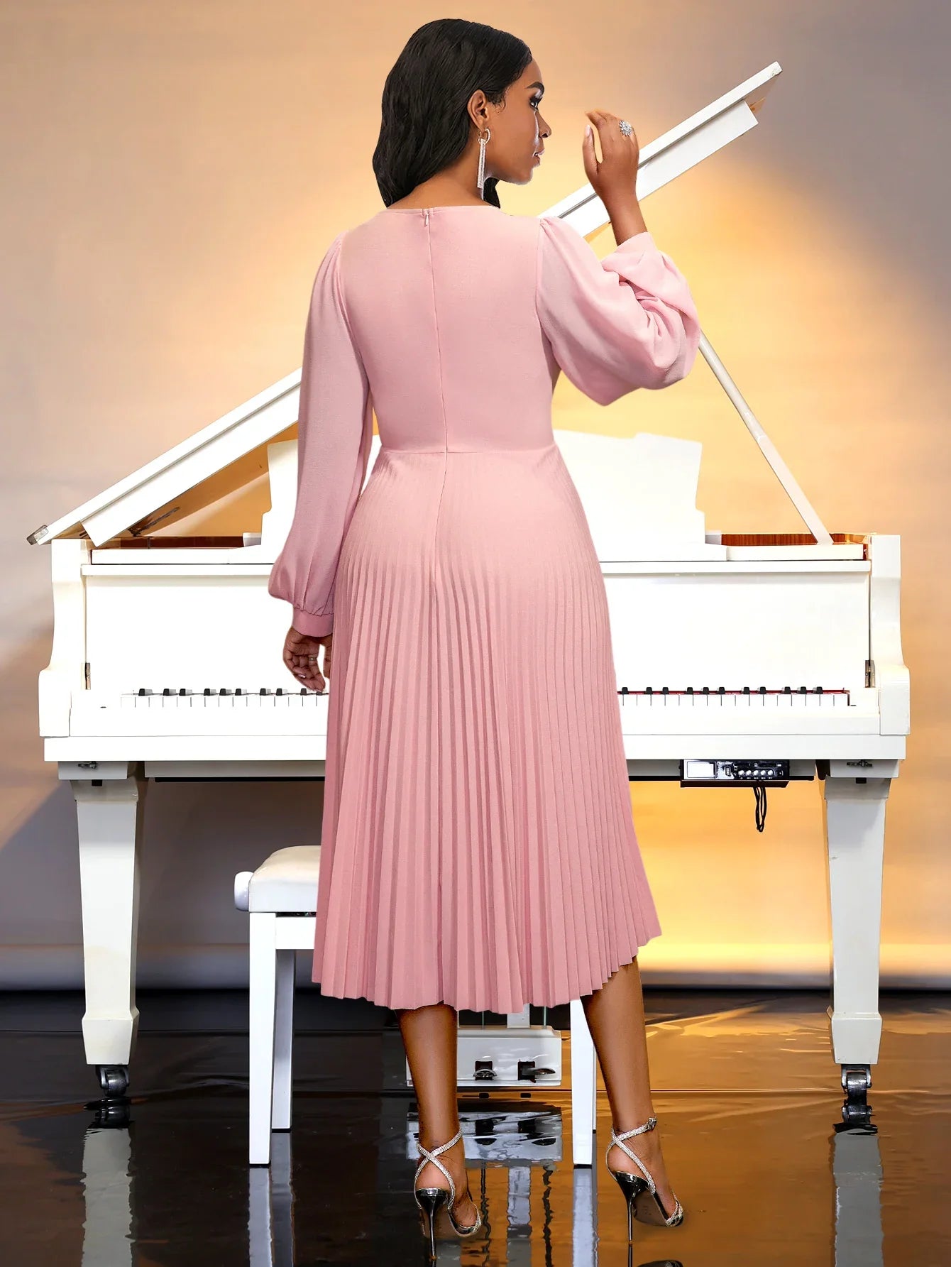 Pink Bubble Sleeve Dress 3D Flowers O Neck Pleated Maxi