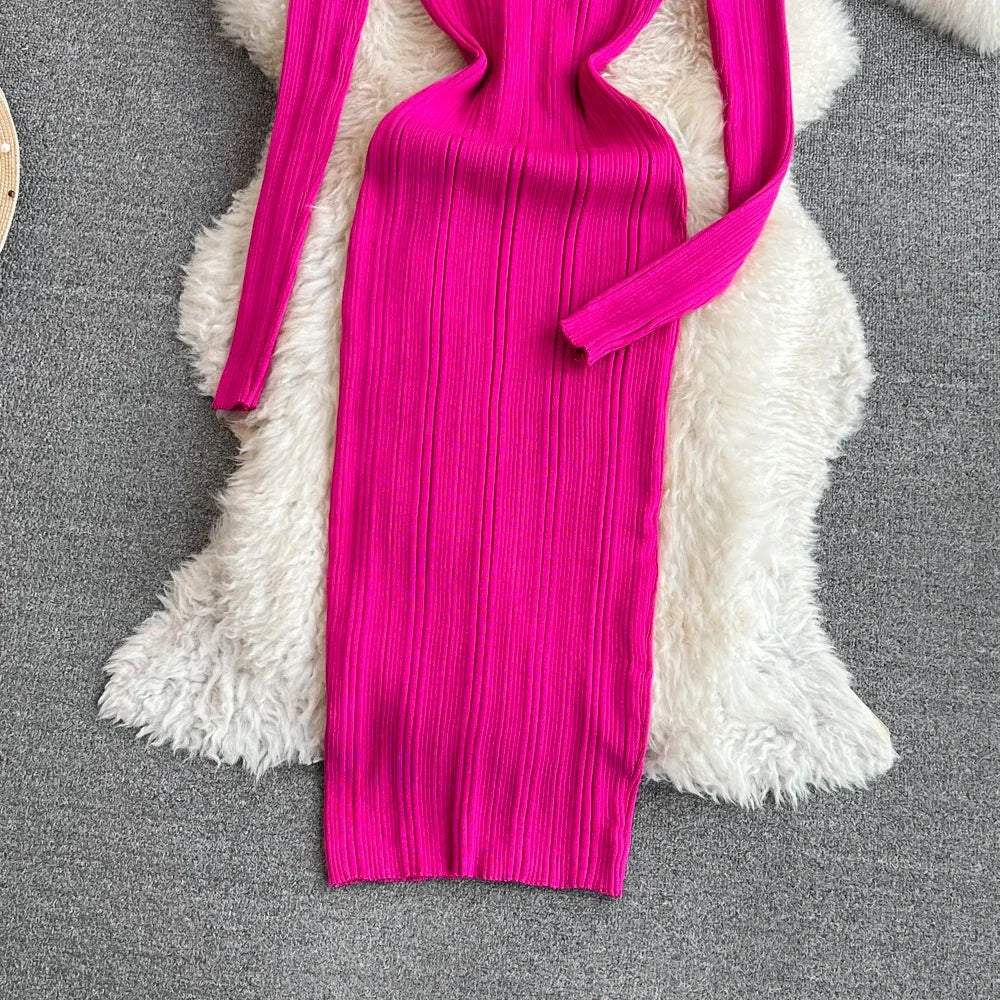 Long Sleeve Knitted Bodycon Dress For Women Autumn Retro