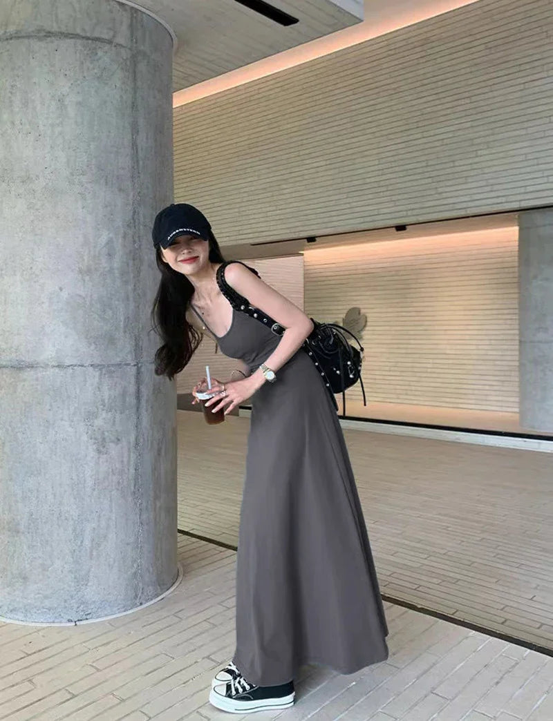 Y2K Black Strap Long Dress Sleeveless Bodycon Sundress