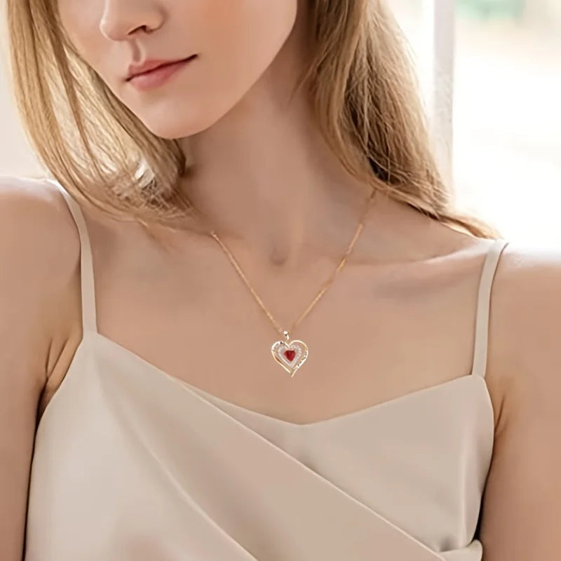Luxury Red Zircon Pendant Necklace with Rose Flower Gift Box for Girlfriend Romantic Jewelry Gift