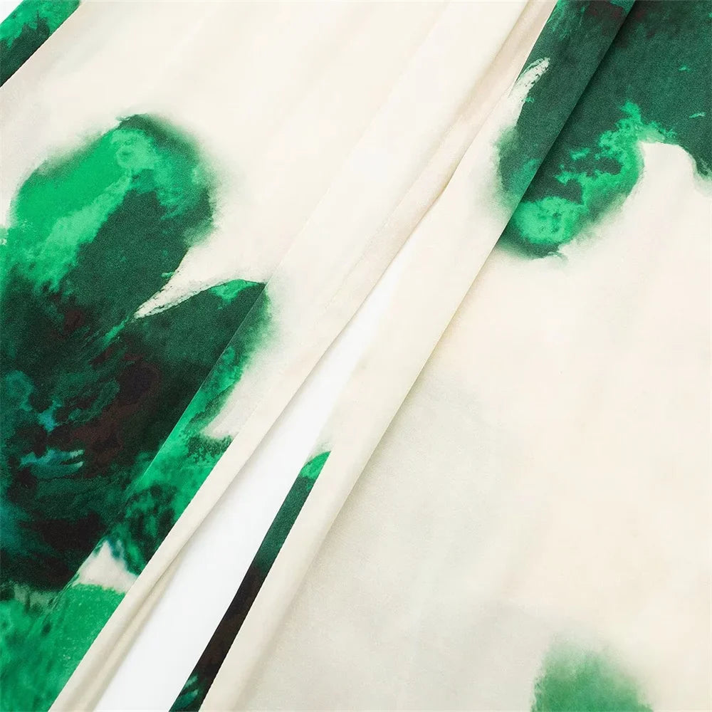 Autumn Women's Casual Loose Collar Long Sleeve Printed Shirt and High Waist Wide Leg Pants Set