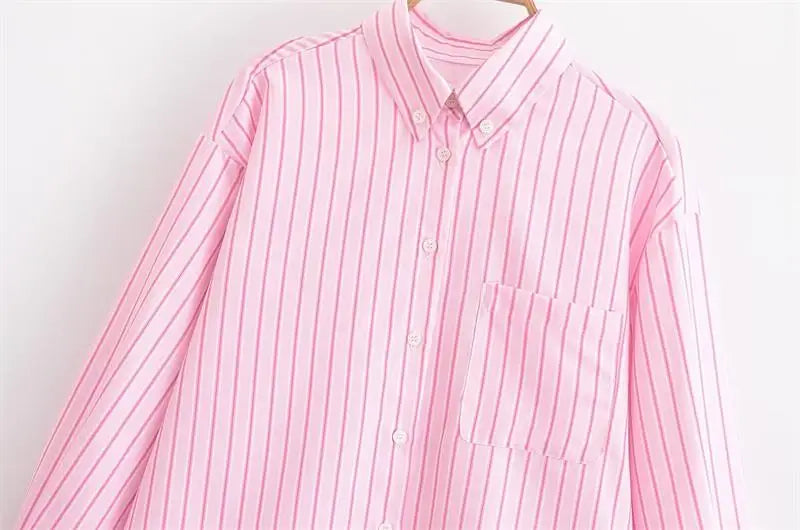 Chic Pink Striped Loose Fit Long Sleeve Blouse for Women Elegant Casual Street Style Shirt