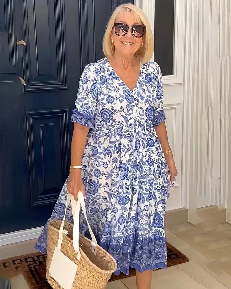 Loose Floral Print Elegant V Neck Dress For Women Everyday