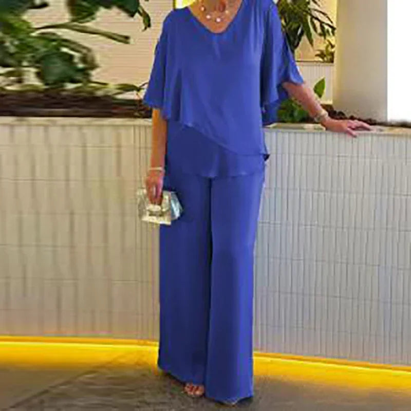 Elegant Summer Women's Two-Piece Set Solid Color V-Neck Irregular Top with High Waist Wide Leg Pants Matching Outfit