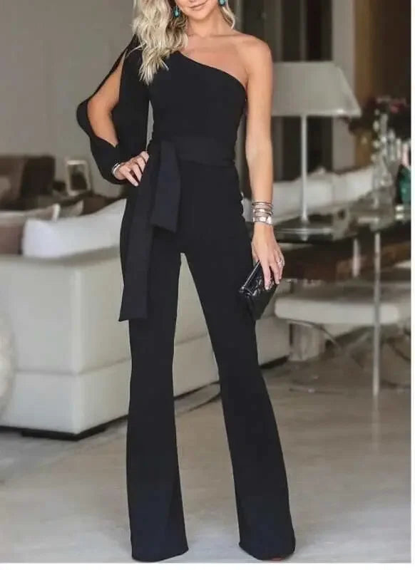 Women's High Waist Tie-Up Slim Fit Solid Color Jumpsuit with Slant Shoulder Elegant Design for Banquet and Evening Wear