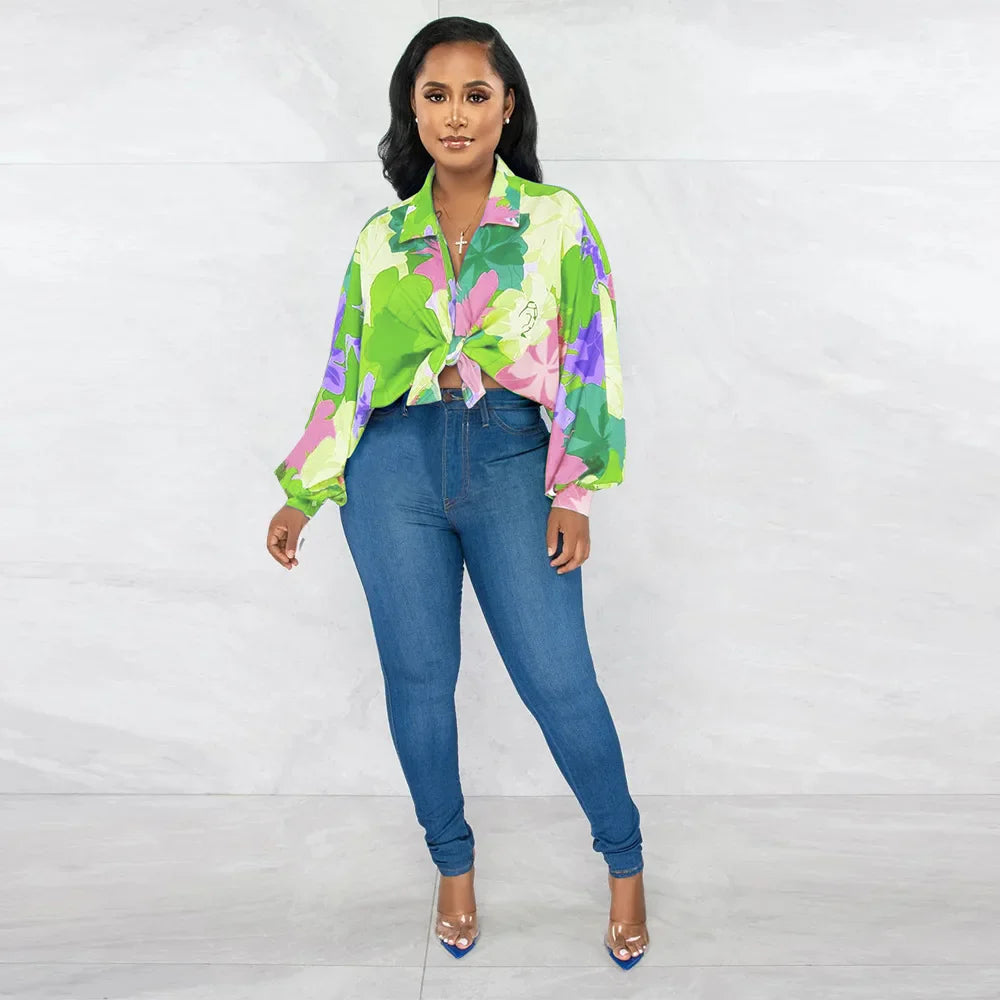 Women's Printed V-Neck Ramie Shirt Loose Bat-Sleeve Summer Top with Belly Cover Age-Reducing Design