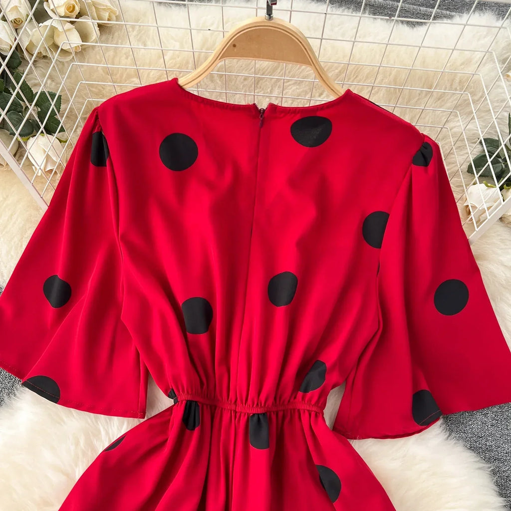 Women Wide Leg Polka Dot Jumpsuit with V Neck Dolman Sleeves and Slim Waist Design