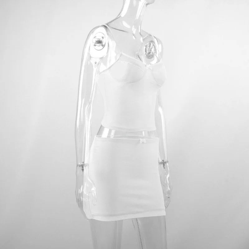 Summer Sexy Two Piece Set Women White Lace Sleeveless Crop Top and Slim Casual Skirt Backless Club Outfit