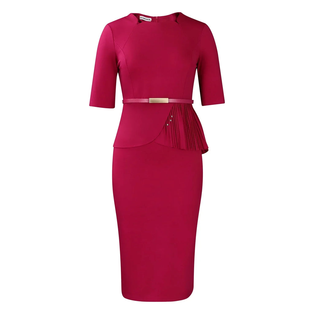 Women Square Neck Bodycon Midi Dress Belted For Work