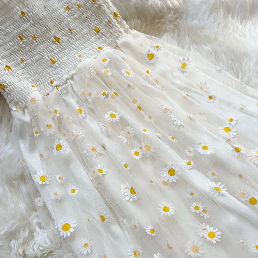 Floral Daisy Print Mesh Long Dress for Summer Vacation