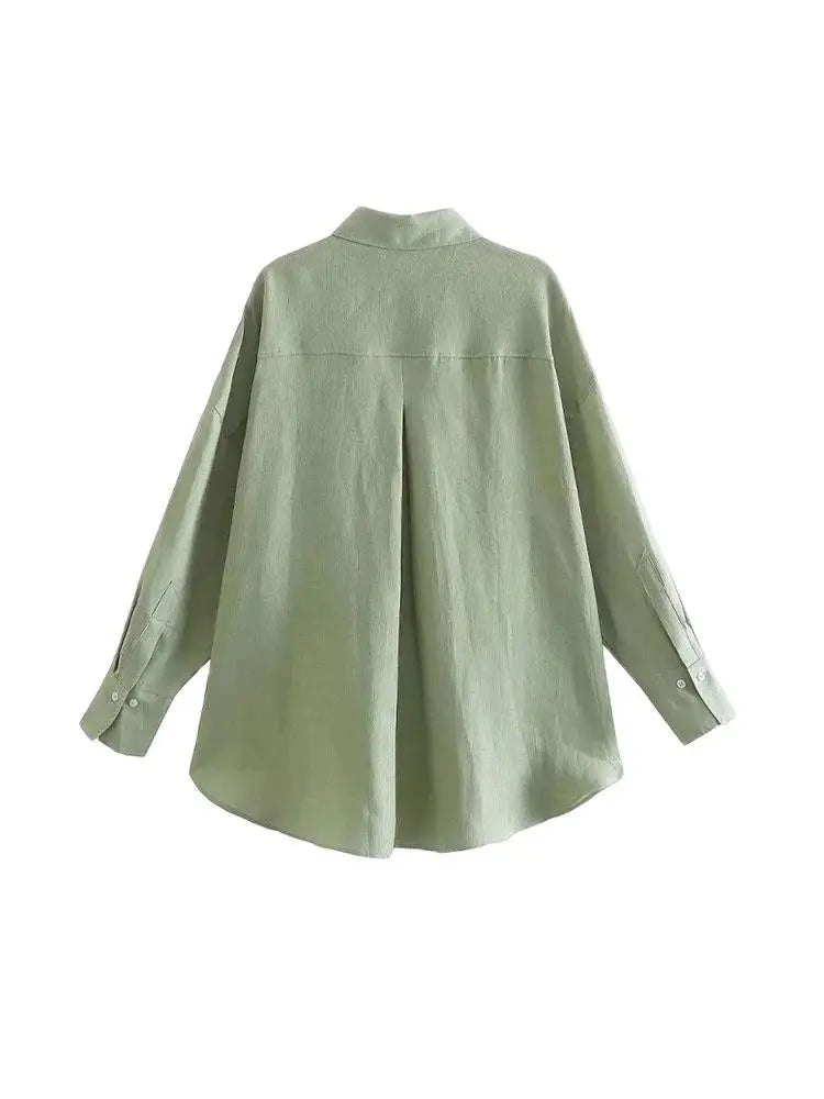 Women's Oversized Vintage Long Sleeve Button-Up Shirt with Pocket Chic Blouse Top
