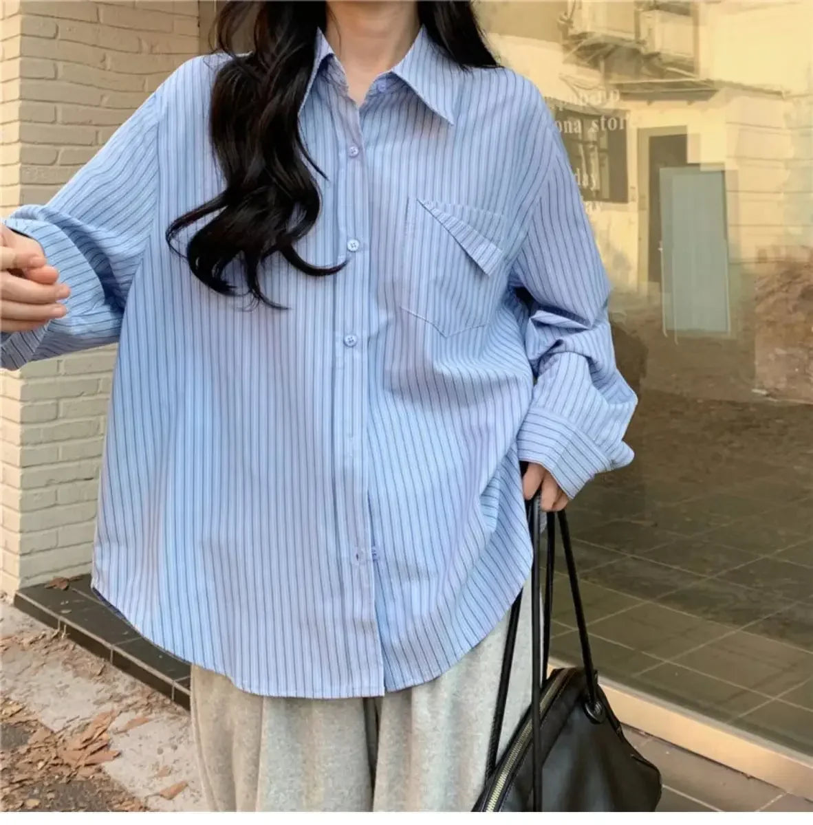 Loose Blue Striped Long Sleeve Blouse with Pocket Casual Versatile Shirt for Women