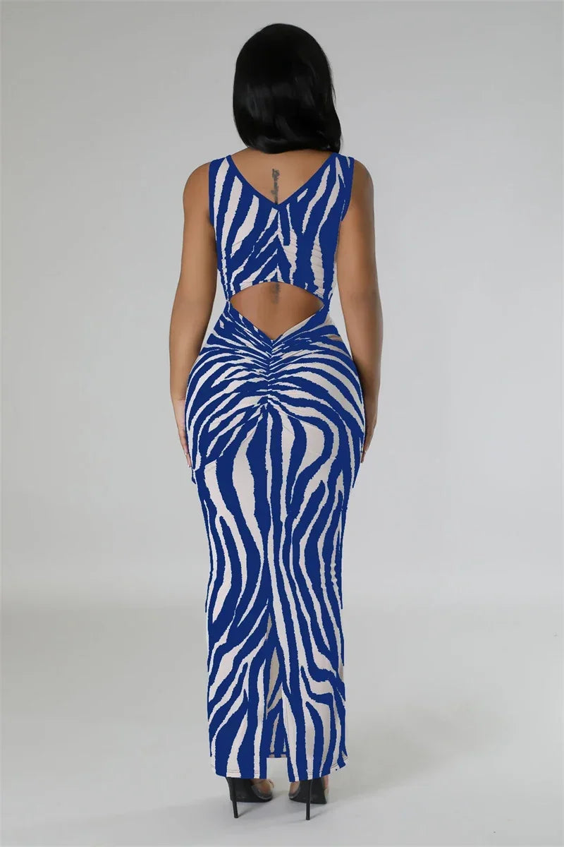 Zebra Print Bodycon Maxi Dress Ruched Sleeveless Party
