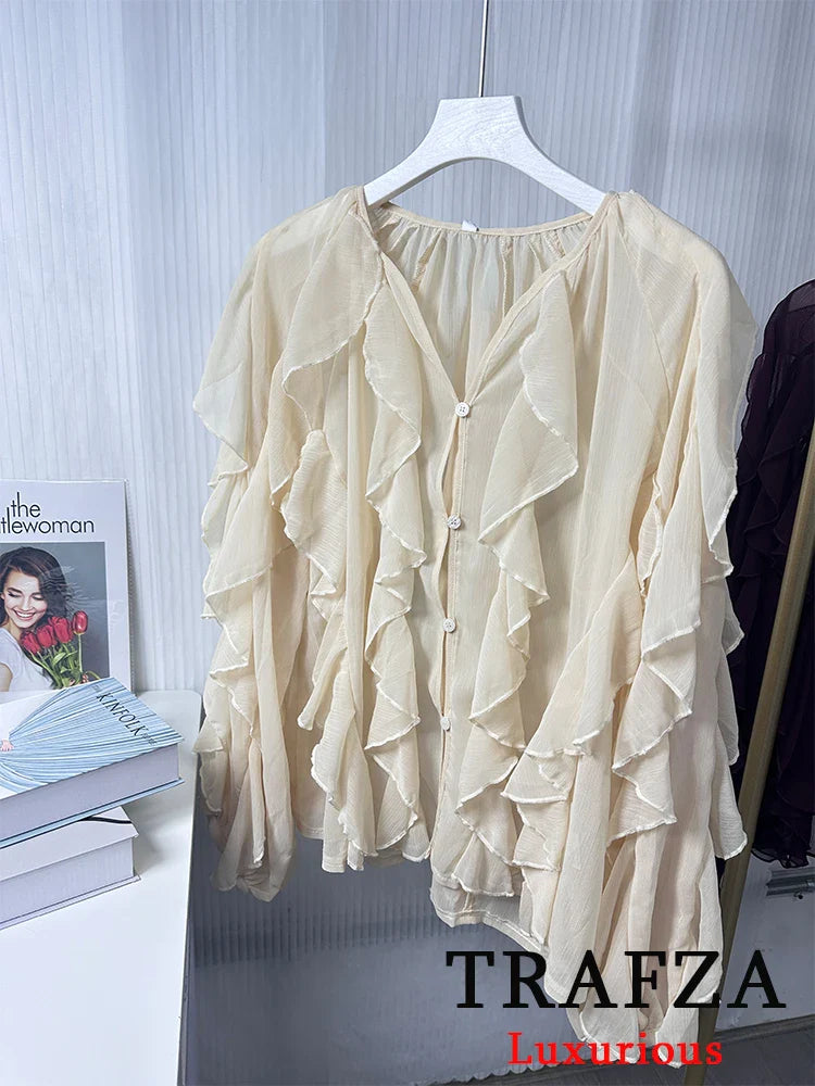 Sexy Transparent Tassel Chiffon Women Blouse Long Sleeve V Neck Loose Fit Single Button Shirt Stylish Lightweight Top for Spring and Summer